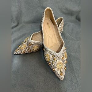 Qxcxingdy Women's Gold Embellished Flat Shoes